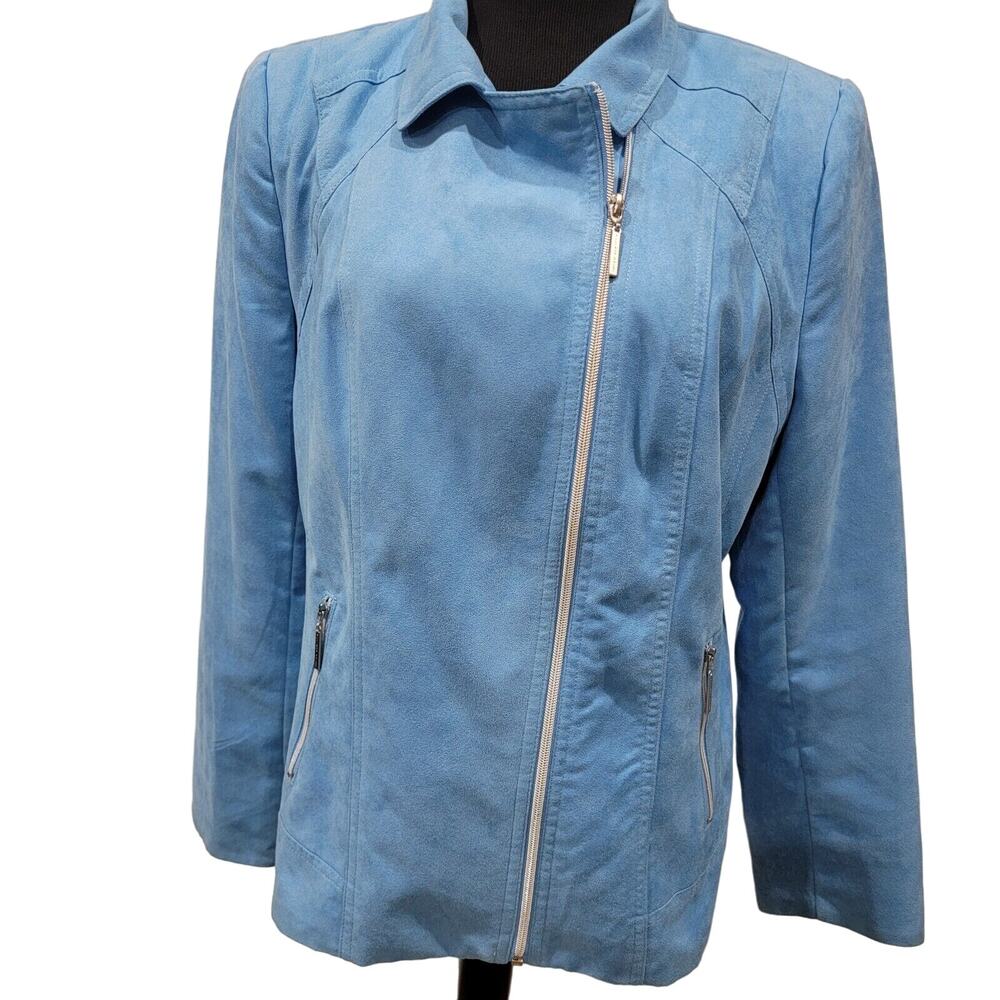 Allison Daley Size 10 Powder Blue Faux Suede Moto Jacket Edgy Chic Quiet Luxury